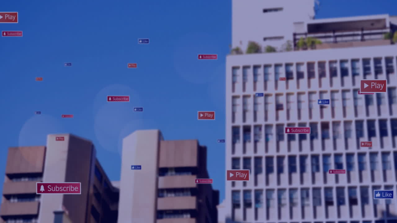 Play and Subscribe button animation over city buildings against blue sky