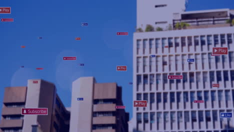 play and subscribe button animation over city buildings against blue sky