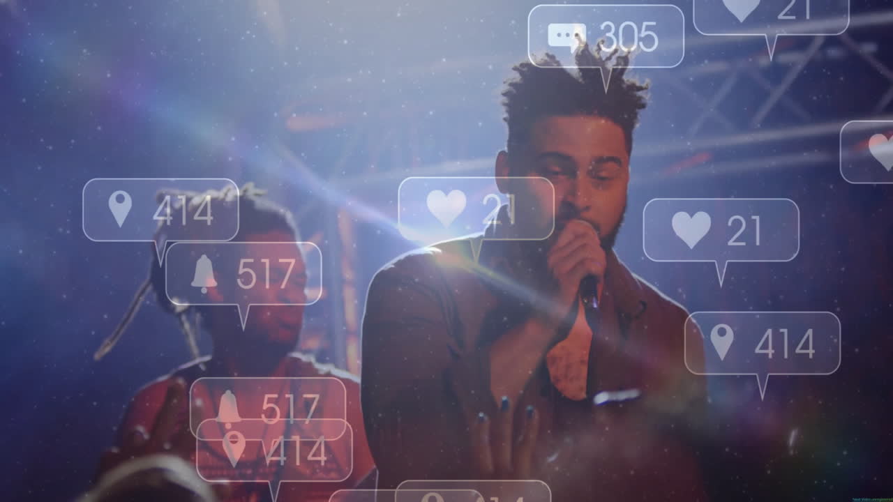 Singer gripping microphone and performing on dim concert stage, with floating social media overlays