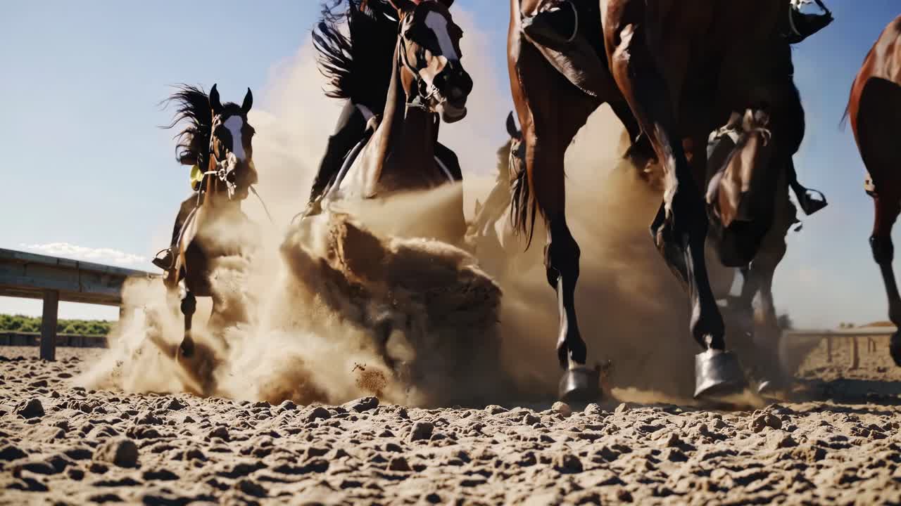 Dynamic low-angle video shot capturing horses galloping on a dusty track, emphasizing motion