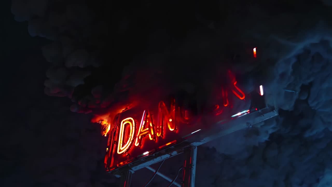 señal de peligro de neón con humo