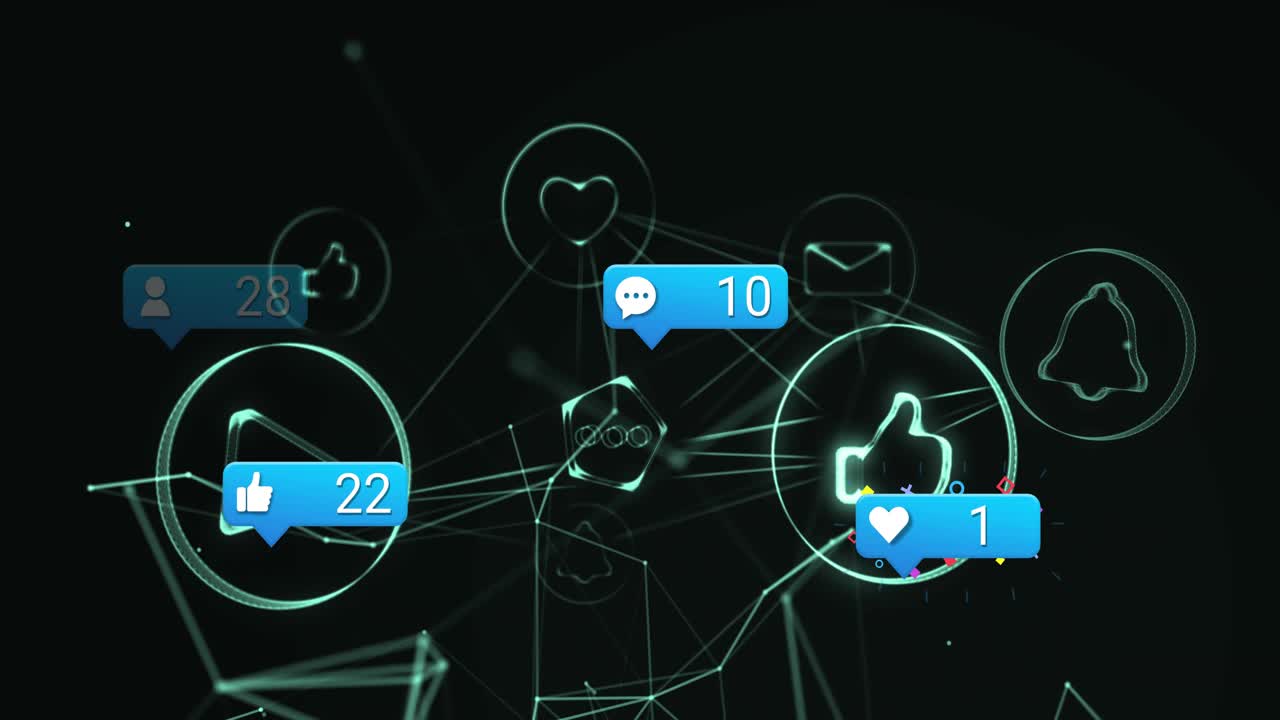 Badge popping starting icon cluster pulsing in neon-teal network, counts shifting to show activity