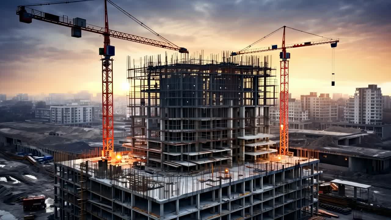 Aerial view of a construction site at sunset, showcasing cranes and a building framework