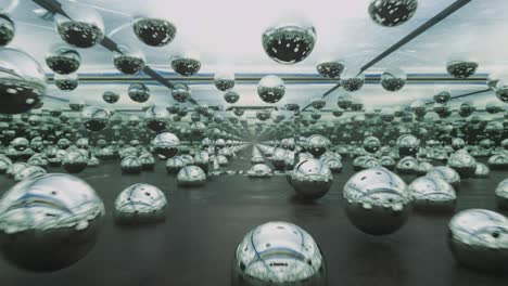 infinite mirror room filled with spheres. science-fiction theme. visual loop.