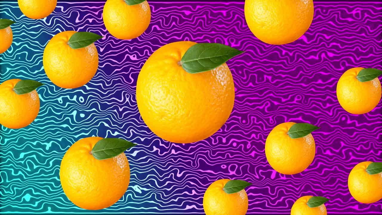 animación de naranja repetida sobre formas en fondo púrpura