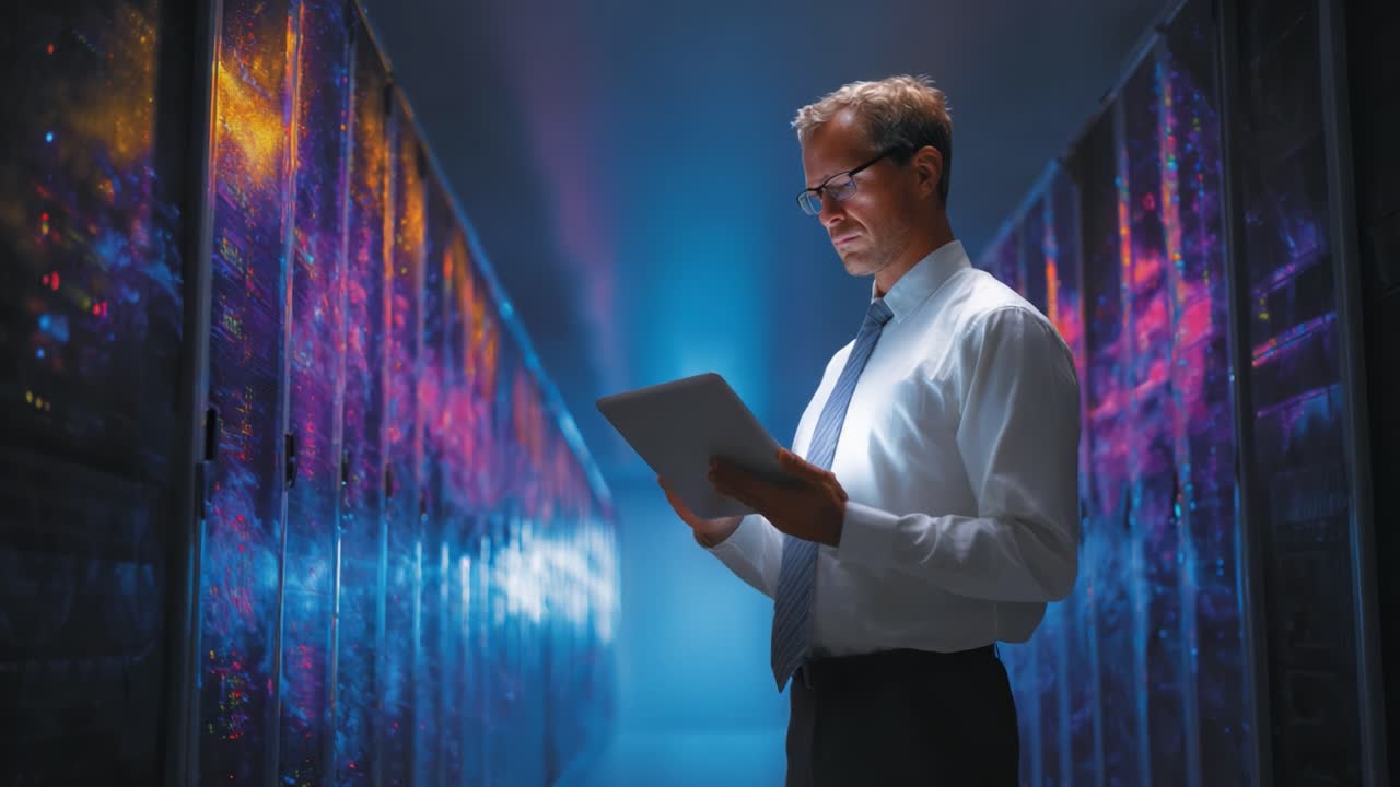 En fokusert fagperson analyserer data på et nettbrett blant glødende serverrack, og fremhever skjæringspunktet mellom teknologi og informasjonsadministrasjon i et moderne datasenter-miljø