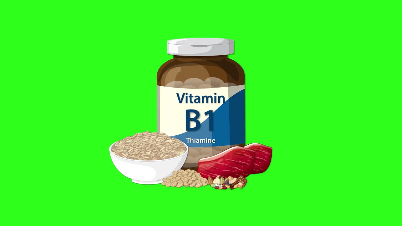 Vitamin B1 bottle and food sources appear, center frame, with smooth transition, bright green background