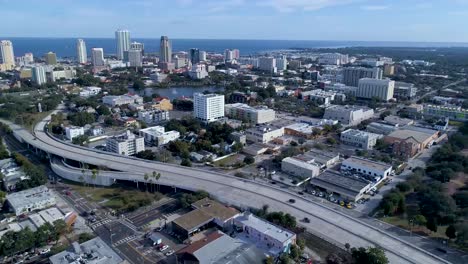 4k aerial video 4x speed of downtown st petersburg, florida looking southeast from i-375