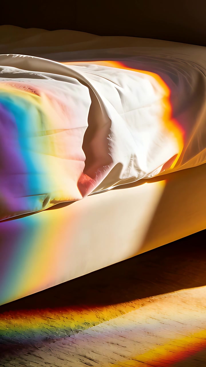 Video verticale: Luce solare che si sposta che muove fasce di colore attraverso un lenzuolo in camera da letto, mettendo in risalto il materasso.