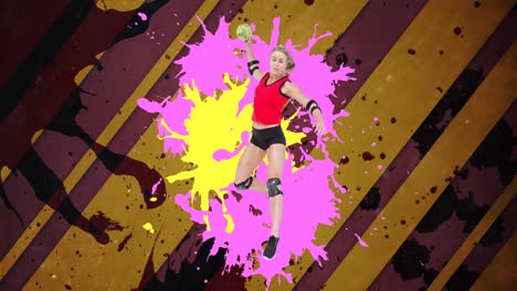 Animation-of-caucasian-female-handball-player-holding-ball-over-colorful-stains