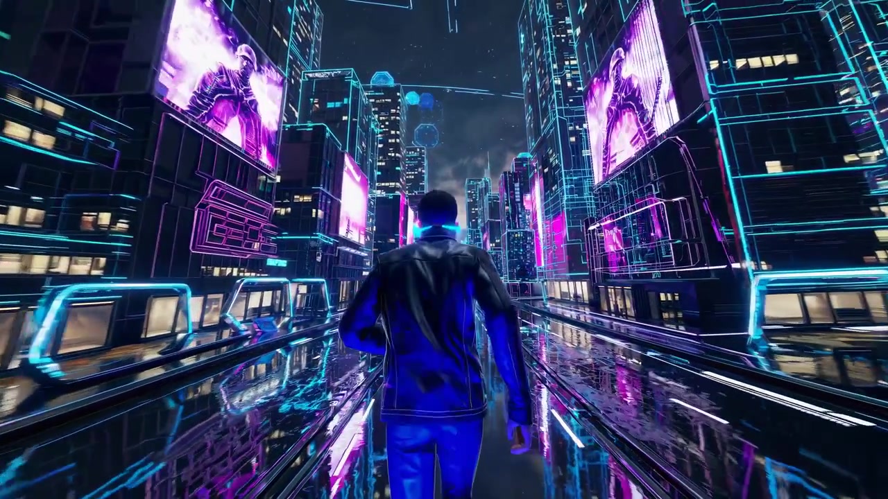 Homem Correndo por uma Rua de Cidade Cyberpunk Futurista com Néons
