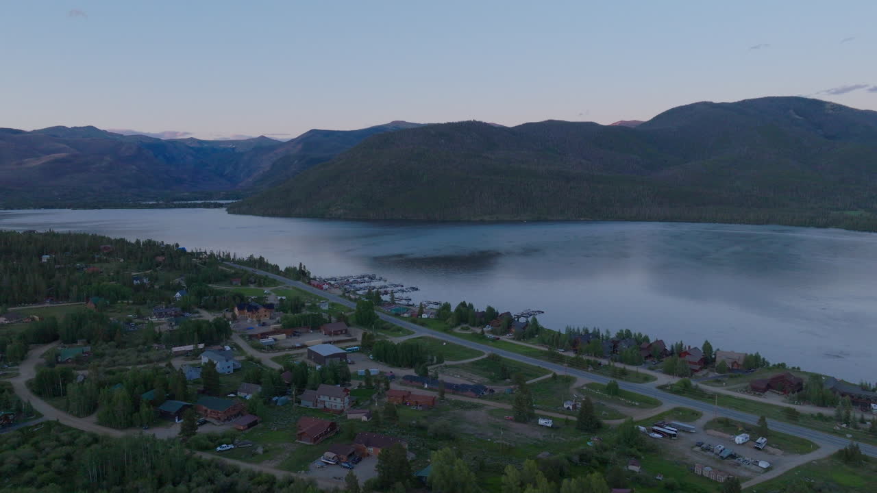 Drone shot of Shadow Mountain Lake at sunset in Colorado