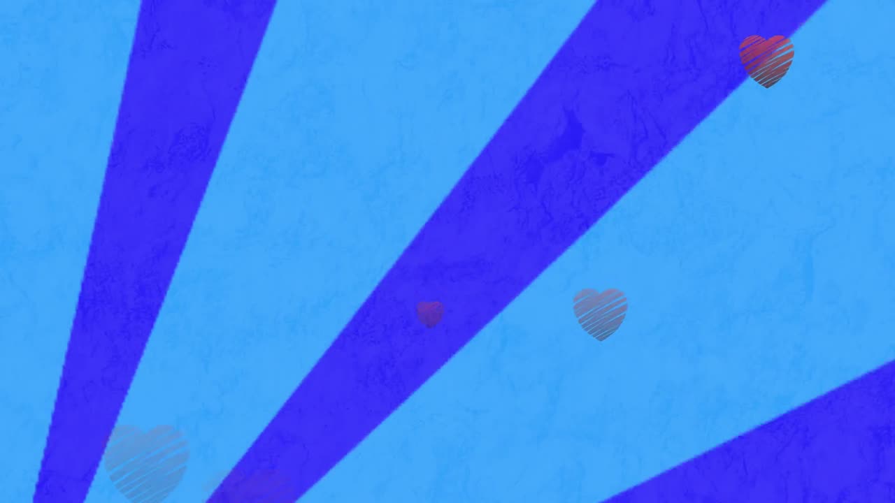animación de corazones flotando sobre un fondo rotativo de rayas azules