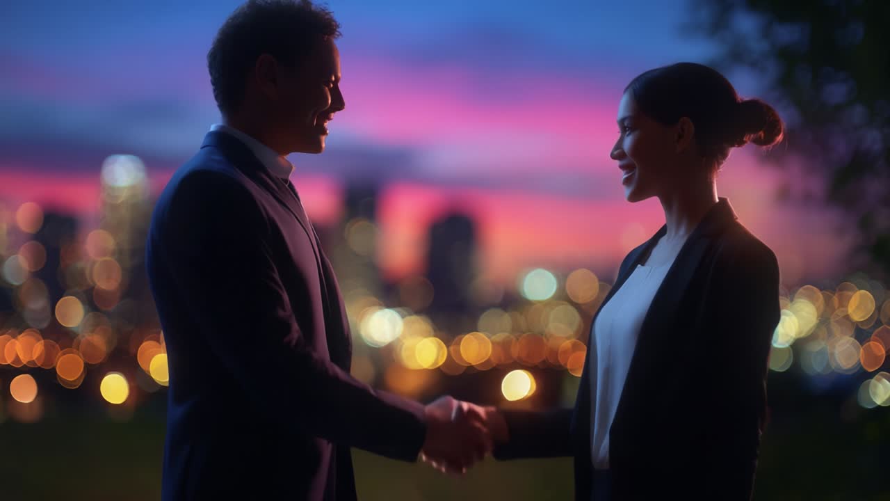 Successful Business Deal with City Skyline Backdrop