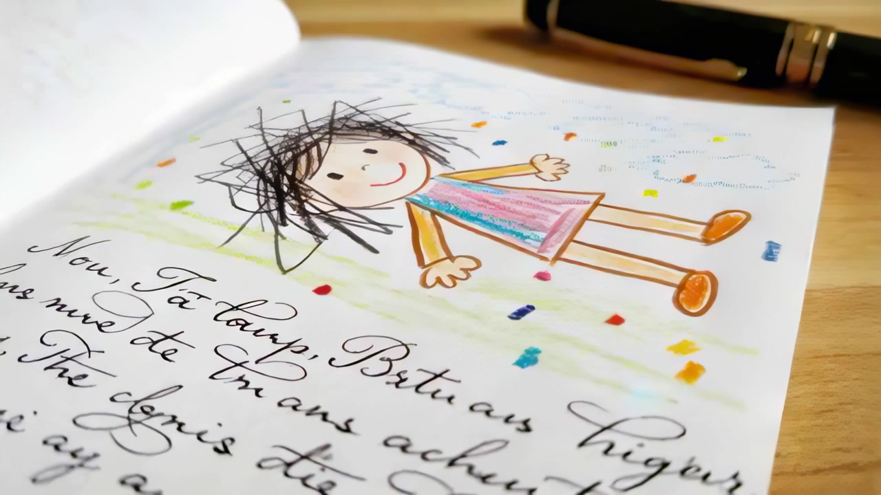Shifting camera zooming, tilting over notebook on desk, showing drawing in pink dress, fountain pen