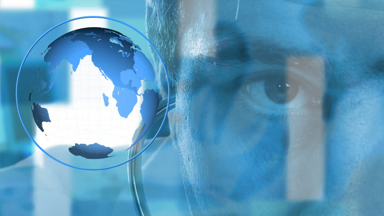 ojo masculino con estetoscopio y globo giratorio