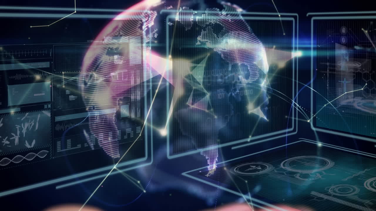 Animation of hand with rotating globe over screens with scientific data