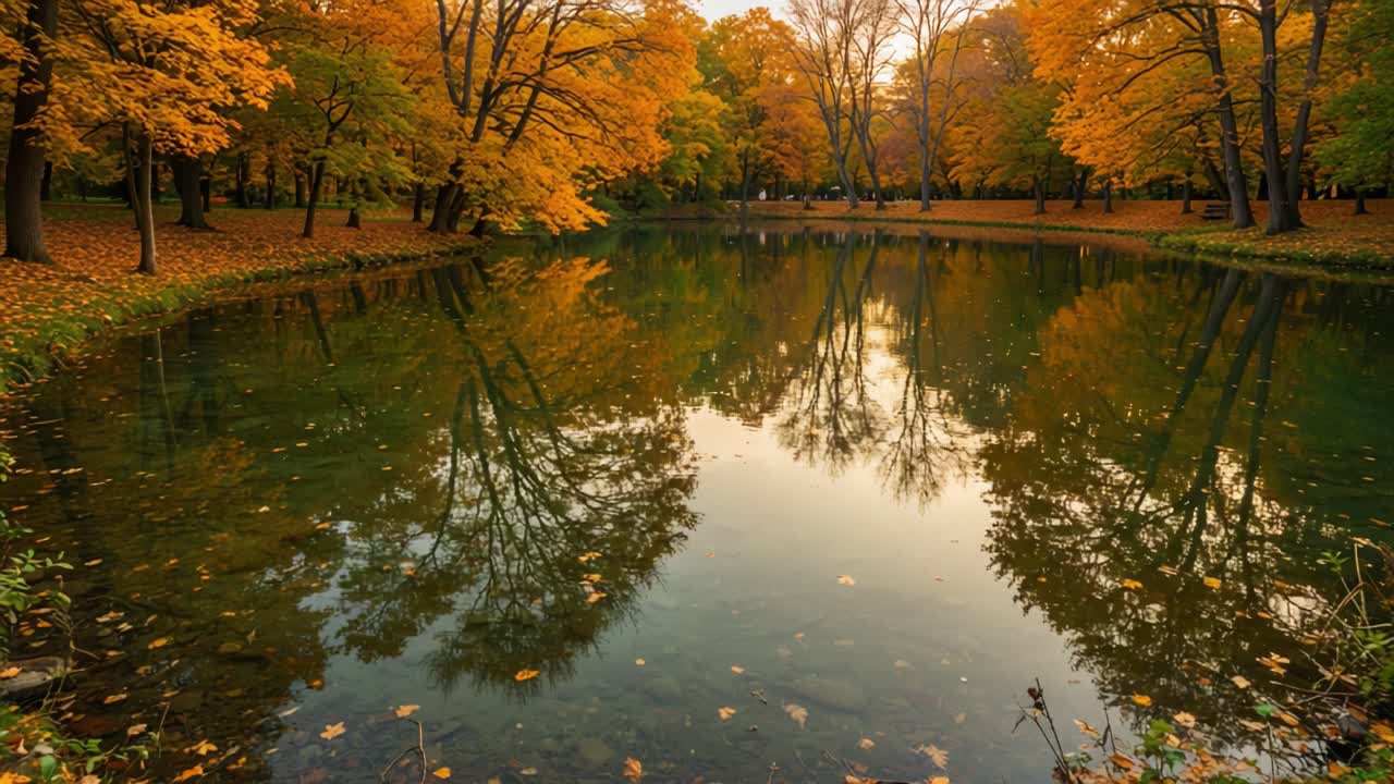 A Serene Autumn Landscape Showcasing the Vibrant Colors of Fall Reflected in Calm Waters, Surrounded by Gleaming Trees and Fallen Leaves