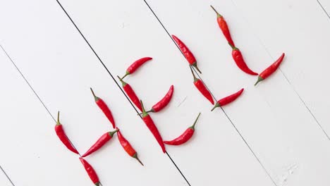 a word hell formed with small red chilli peppers  placed on white wooden table