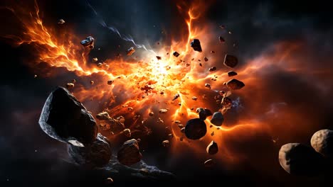 cosmic explosion with asteroids and fiery energy in deep space