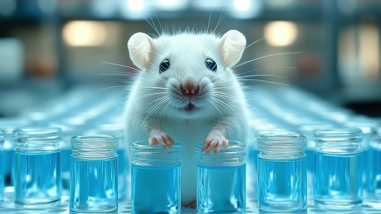 White mouse exploring laboratory samples. A white laboratory mouse curiously investigates small blue vials in a research setting.