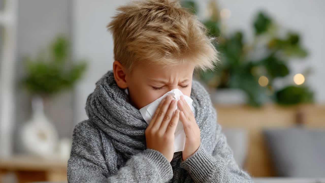 Young Boy Sneezing and Dealing with Allergies While Wearing a Warm Sweater in a Cozy, Indoor Environment Surrounded by Greenery and Soft Lighting