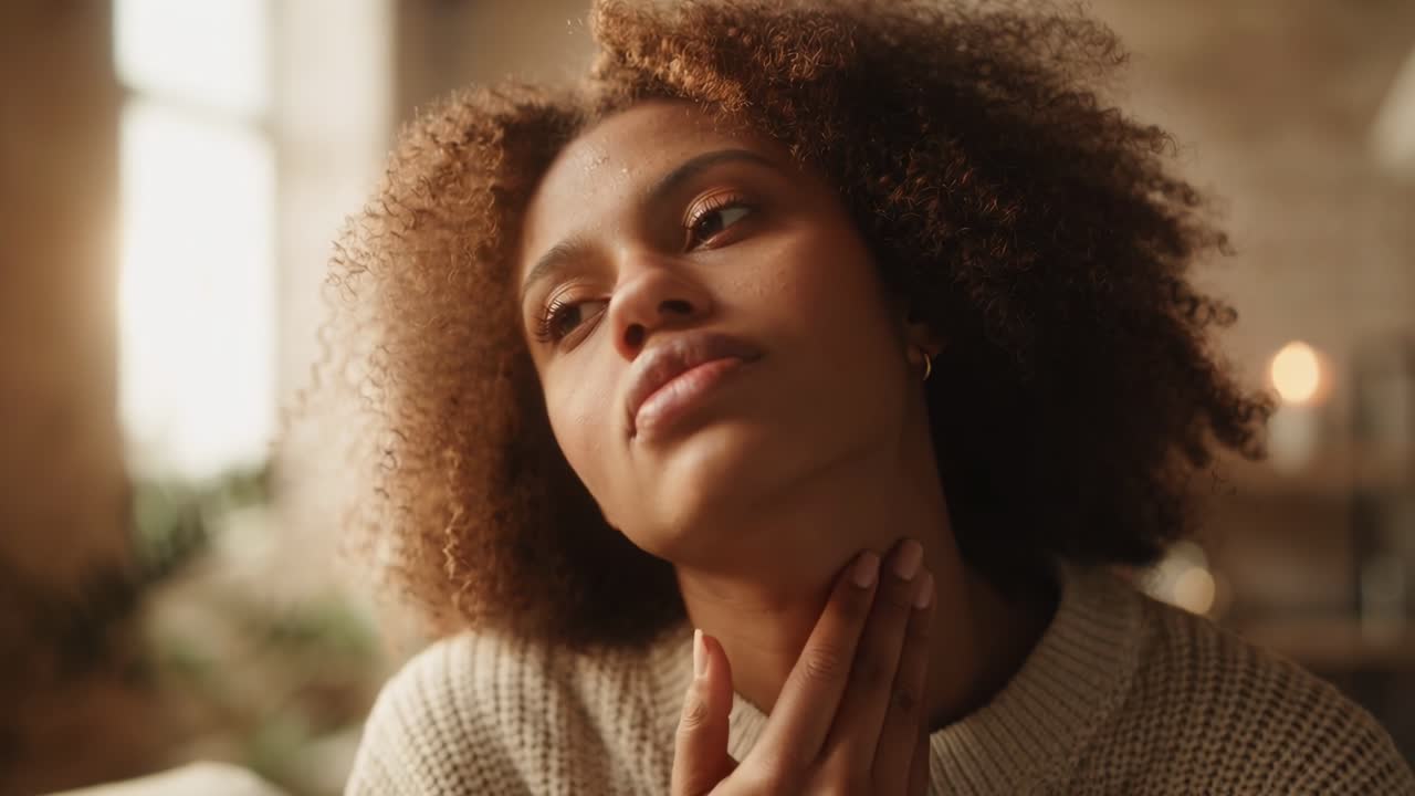 Primer plano de vídeo de una mujer pensativa con enfoque suave, luz natural y tonos cálidos