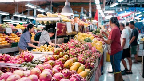 colorful dragon fruit, mango, papaya, and other tropical fruits are displayed at a bustling indoor market, with customers selecting their purchases