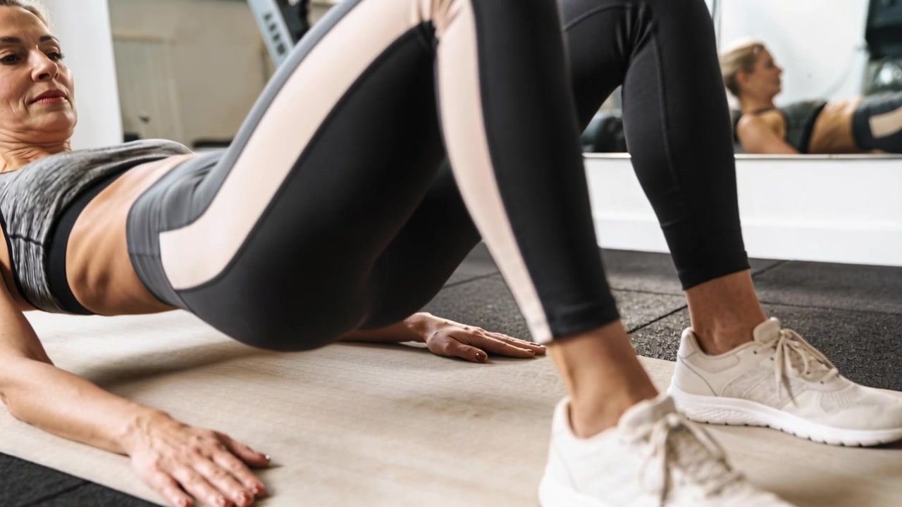 Donna in abbigliamento sportivo che inizia gli hip thrust sdraiata su un tappetino in palestra, rafforzando i glutei