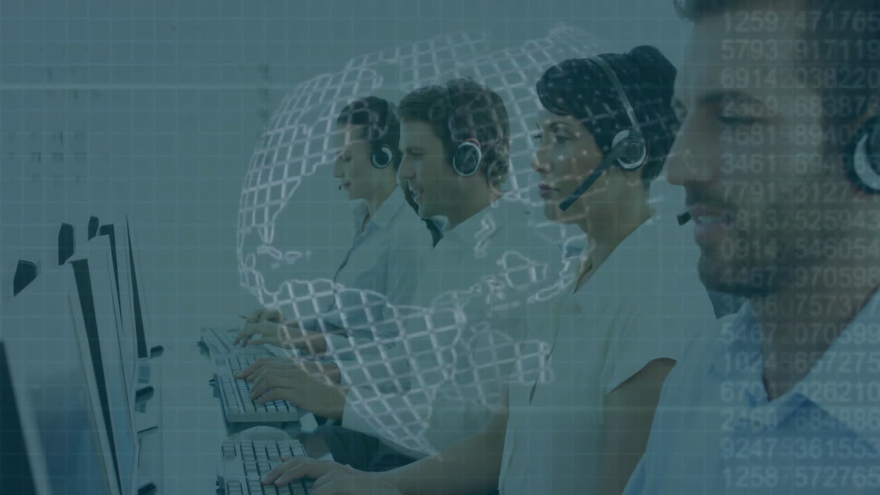 Customer service representatives working with globe animation over grid background
