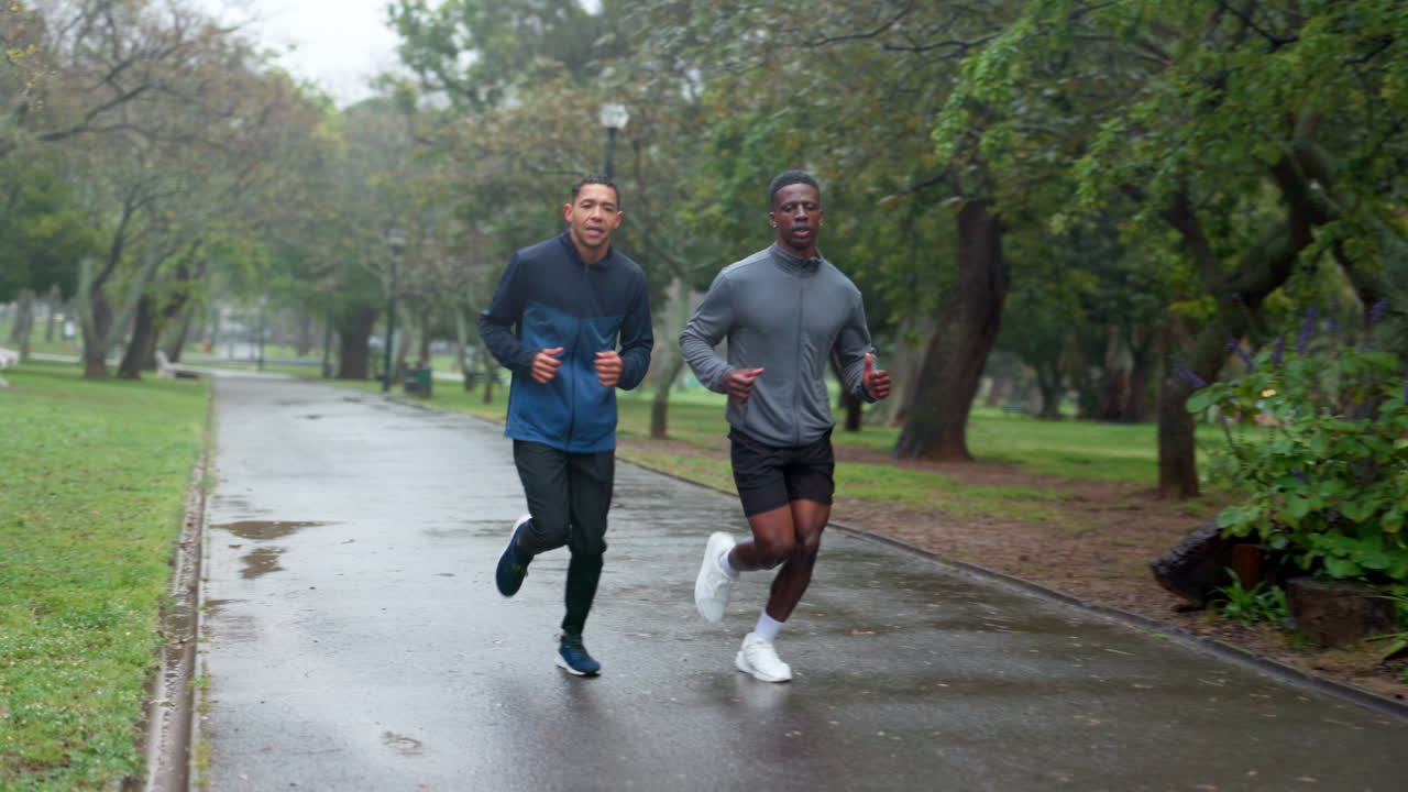 Two Men Running in a Park on a Rainy Day