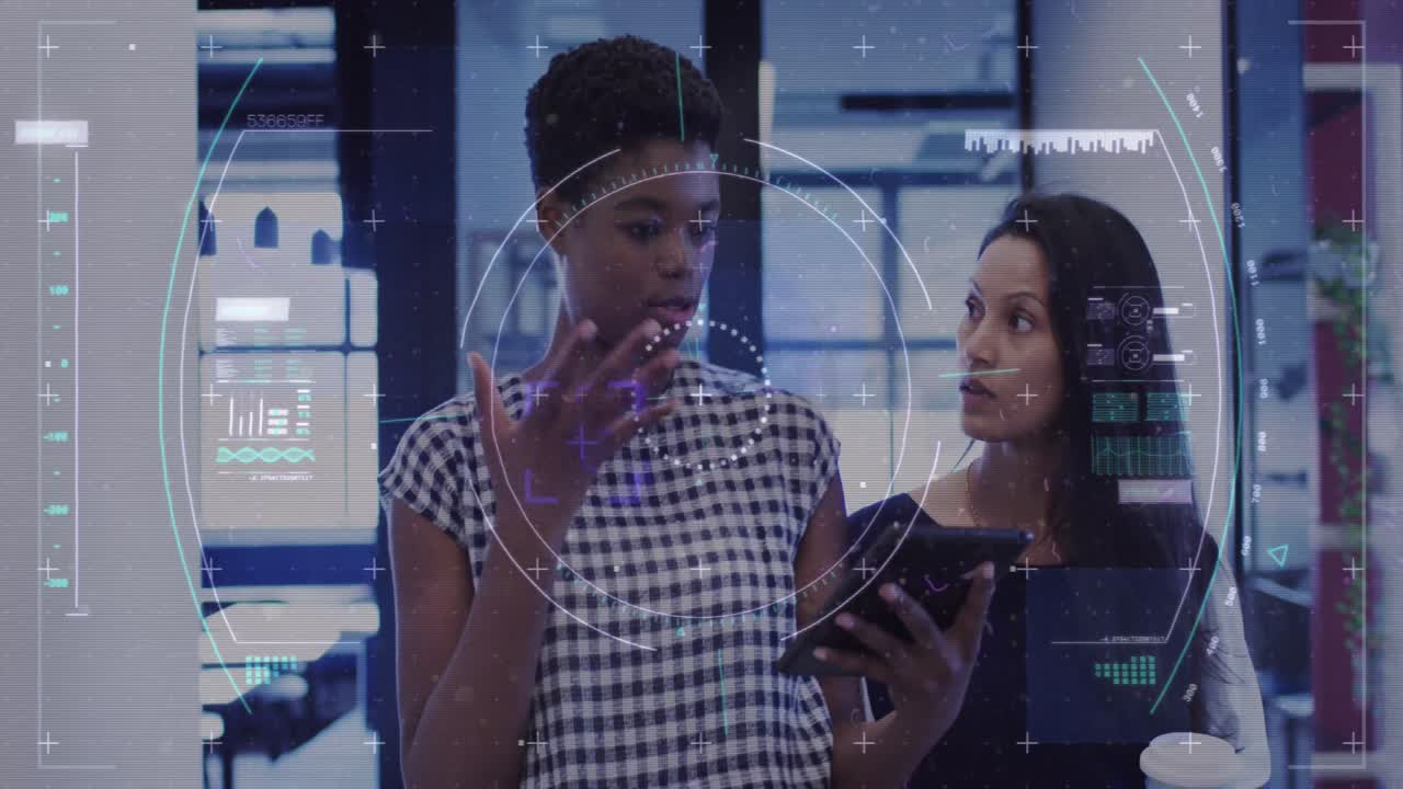 Animation of financial data processing over diverse businesswomen in office