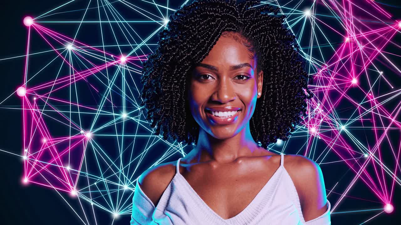 mujer con cabello rizado y líneas de neón