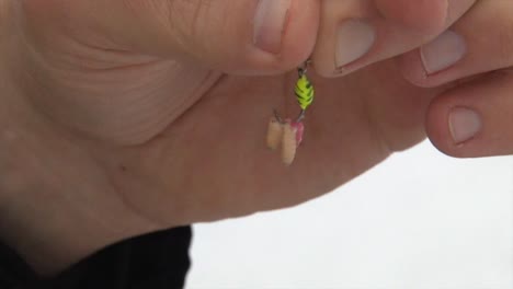 person holds fishing rod hook with a bait