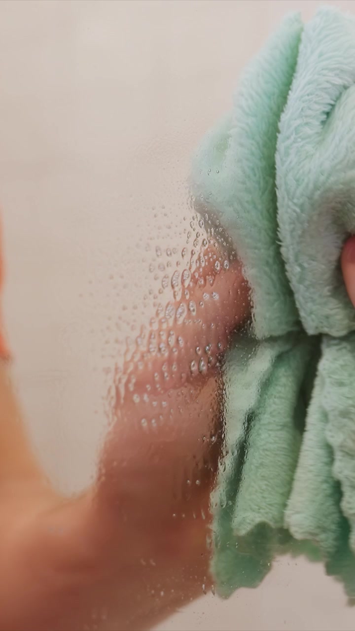 Person wearing orange shirt uses light blue green towel to wipe down and clean wet surfaces. action is focused on hands moving fabric across glass with visible water droplets emphasizing