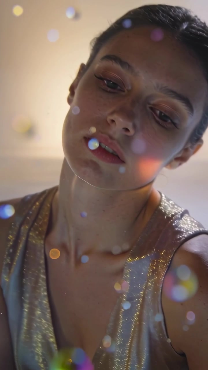Video verticale: Donna in abito dorato lucido che si inclina seguendo la luce del prisma in studio, con bokeh.