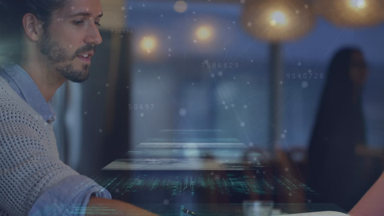 Animation of data processing over caucasian businessman talking