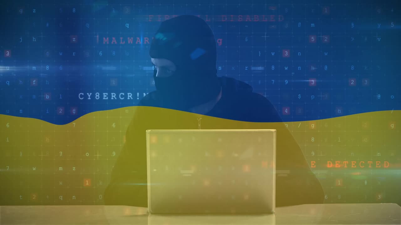 Animace kavkazského muže hackera nad vlajkou Ukrajiny