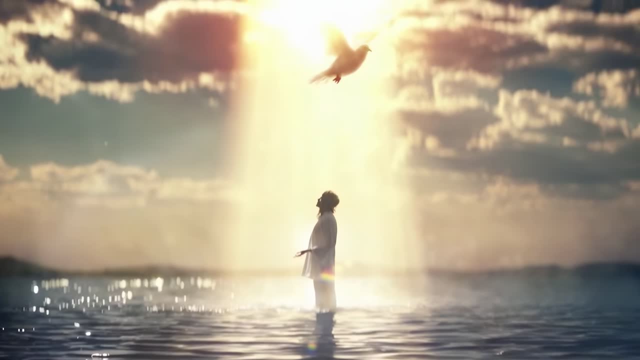 Silhouette of Person in Water with Dove and Heavenly Light