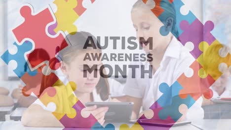 Animation-of-autism-awareness-month-text-over-diverse-schoolchildren-using-tablet