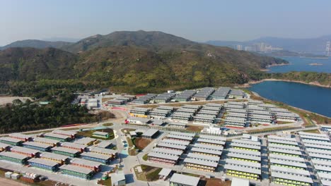 Covid19-Quarantine-compound-buildings-in-the-outskirts-of-Hong-Kong,-Aerial-view