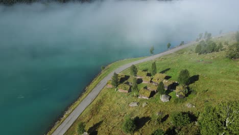 lovatnet glacier lake and breng seter historical farm houses