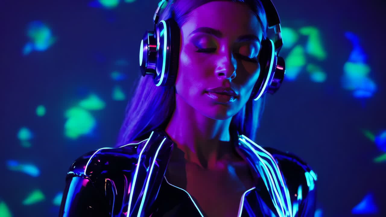 Woman with Headphones in Neon Lights