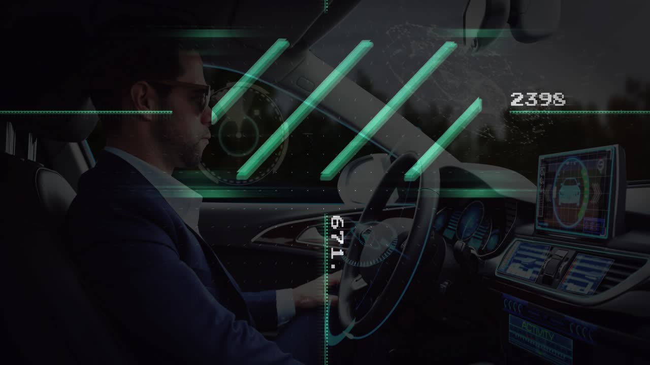 Male driver adjusting wheel while auto nav loading, teal bars, numbers moving across windshield