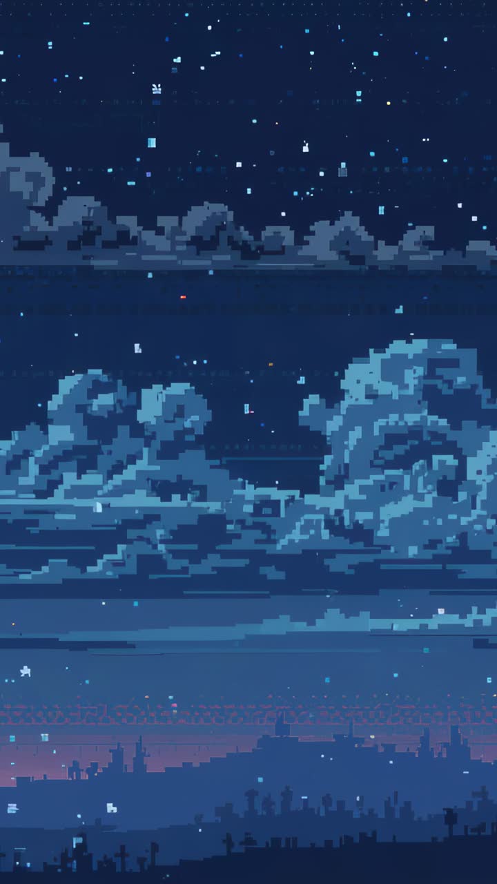 Vertical video: Camera framing pixel night sky, clouds shimmering, stars flickering above treeline