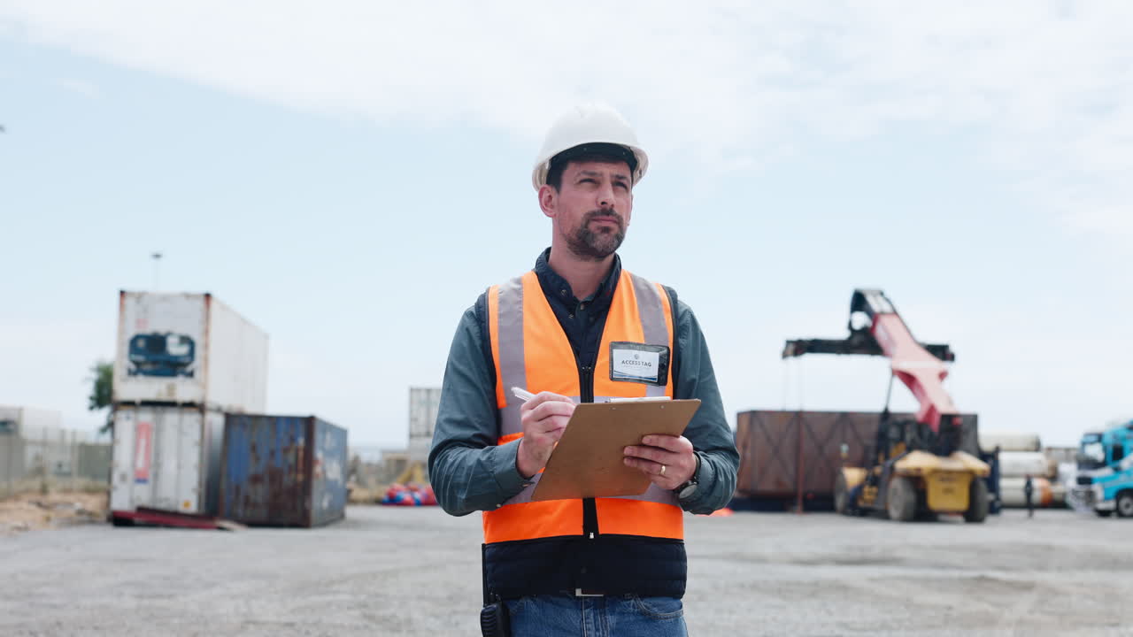 Focused Worker in Hard Hat and Safety Vest Inspecting a Shipping Yard