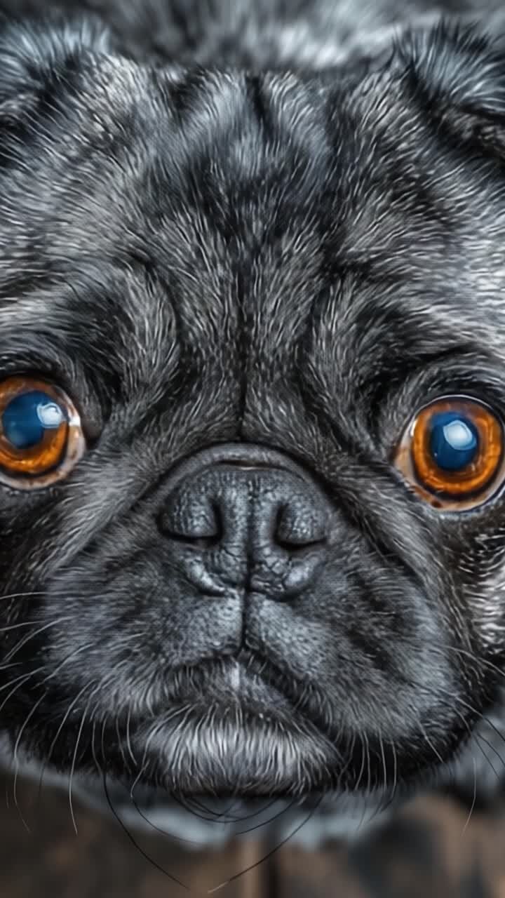 Primer plano cautivador de un pug negro con ojos color avellana hipnotizantes, que irradia personalidad y encanto en un retrato de mascota de alta definición