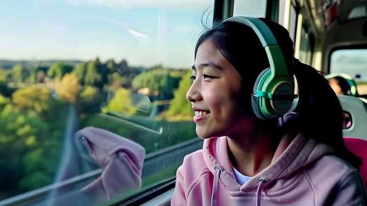 A girl wearing headphones is sitting in a bus