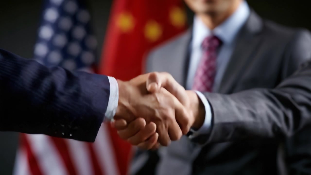 Acordo Diplomático Significativo Entre Representantes de Duas Nações, Simbolizado por um Aperto de Mão Firme Contra Fundos de Bandeiras Nacionais Representando os Países Envolvidos
