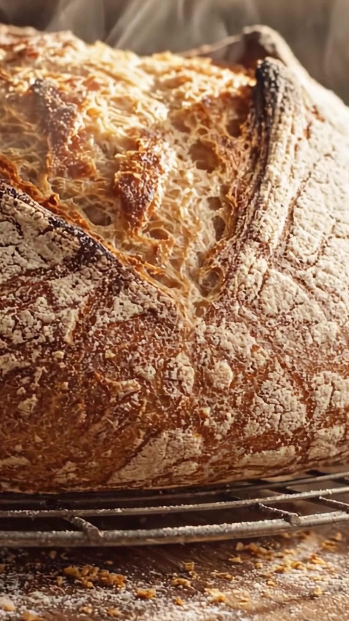 Freshly Baked Artisan Bread: A Close-Up Look at the Golden Crust and Delicious Texture as Steam Escapes, Ready to Delight Your Senses with Homemade Flavor